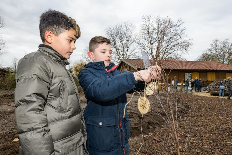 Hovenier en kinderen werken samen aan planten bomen voor een Tiny Forest in Oss