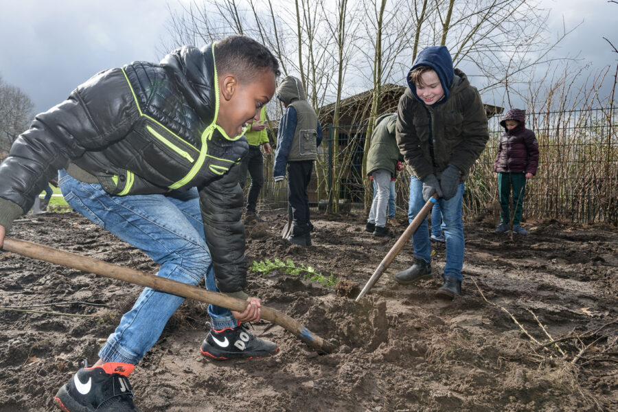 Hovenier en kinderen werken samen aan planten bomen voor een Tiny Forest in Oss